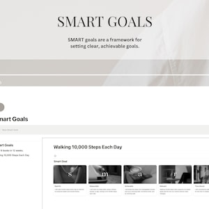 May include: A computer screen displaying a website with the text "Smart Goals" and a list of goals, including "Read 6 books in 12 weeks" and "Walking 10,000 Steps Each Day". The website also includes a section titled "Walking 10,000 Steps Each Day" with a description of the goal and how to achieve it.