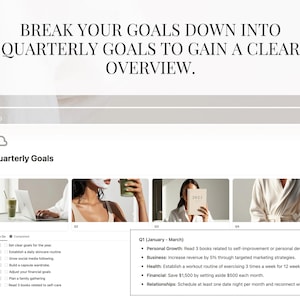 May include: A computer screen displaying a website with a list of quarterly goals. The website has a light gray background and a white header with the text "Quarterly Goals". The website is divided into four sections, each representing a different quarter of the year. Each section has a list of goals for that quarter, along with a checkbox to indicate whether the goal has been completed. The goals are categorized by personal growth, business, health, financial, and relationships.