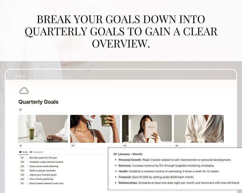 May include: A computer screen displaying a website with a list of quarterly goals. The website has a light gray background and a white header with the text "Quarterly Goals". The website is divided into four sections, each representing a different quarter of the year. Each section has a list of goals for that quarter, along with a checkbox to indicate whether the goal has been completed. The goals are categorized by personal growth, business, health, financial, and relationships.