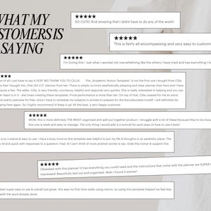 May include: A collage of customer reviews for a digital planner template. The reviews are positive and highlight the ease of use, organization, and aesthetic appeal of the template. The text includes phrases like "very easy to customize", "most organized", and "super helpful".