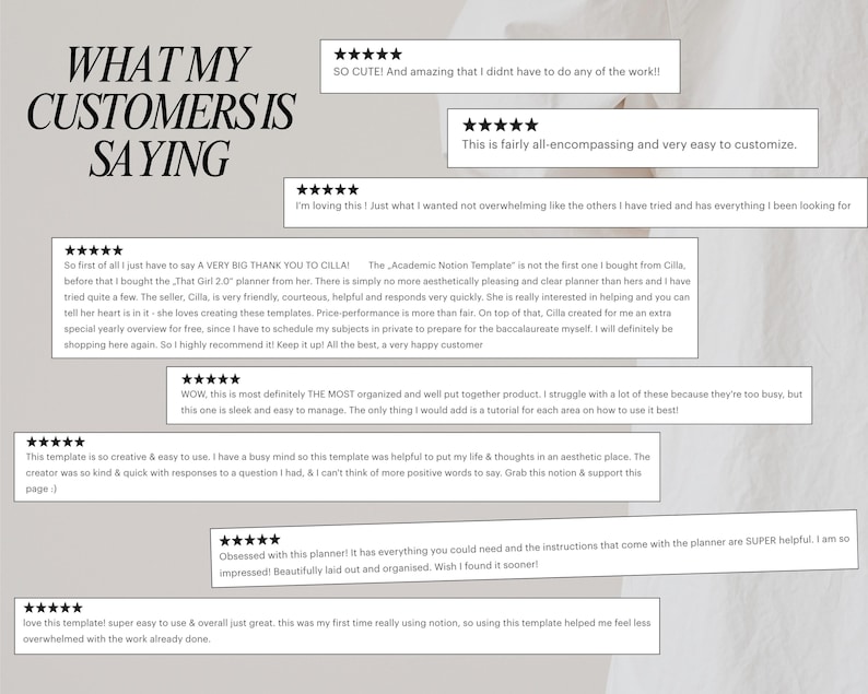 May include: A collage of customer reviews for a digital planner template. The reviews are positive and highlight the ease of use, organization, and aesthetic appeal of the template. The text includes phrases like "very easy to customize", "most organized", and "super helpful".