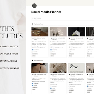 May include: A screenshot of a social media planner with a list of features including "This Week's Posts", "Next Week's Posts", "Content Archive", and "Content Calendar". The planner also includes a grid of sample social media posts with images and text.