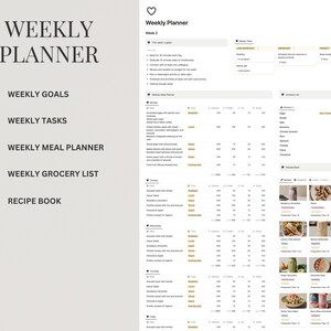 K&ouml;nnte beinhalten: Ein Wochenplaner mit einer Checkliste von Aufgaben, einem Essensplaner, einer Einkaufsliste und einem Rezeptbuch. Der Planer ist in Abschnitte f&uuml;r jeden Tag der Woche unterteilt.