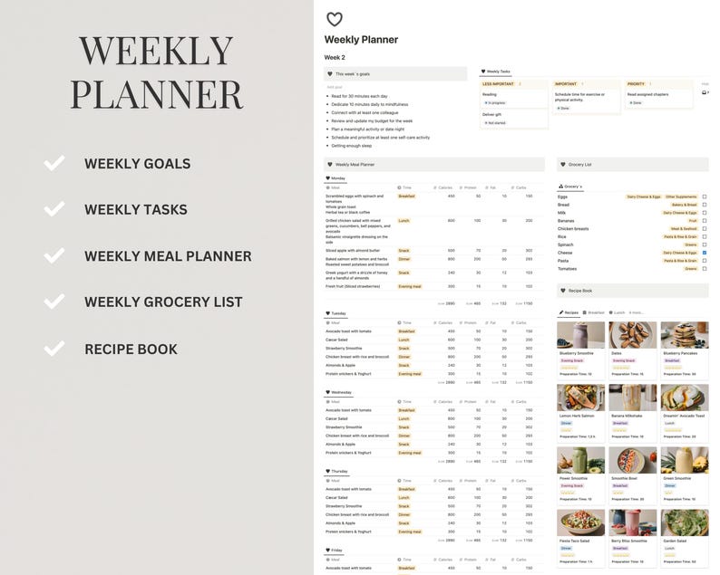 K&ouml;nnte beinhalten: Ein Wochenplaner mit einer Checkliste von Aufgaben, einem Essensplaner, einer Einkaufsliste und einem Rezeptbuch. Der Planer ist in Abschnitte f&uuml;r jeden Tag der Woche unterteilt.