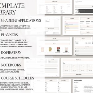 May include: A digital template library for students and professionals. The library includes templates for grades and applications, planners, inspiration, notebooks, and course schedules. The templates are designed to help users stay organized and on track.