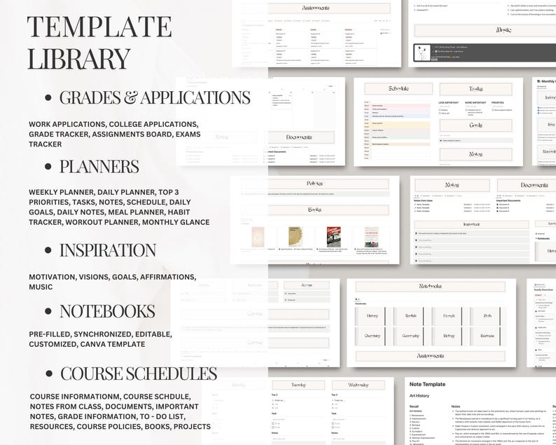 May include: A digital template library for students and professionals. The library includes templates for grades and applications, planners, inspiration, notebooks, and course schedules. The templates are designed to help users stay organized and on track.