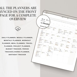 May include: A screenshot of a digital planner app showing a monthly calendar view for January 2021. The app features a variety of planning tools, including daily, weekly, monthly, workout, meal, travel, project, budget, period, chores, and birthday trackers. The text "All the planners are synced on the front page for a complete overview" is displayed at the top of the screen.