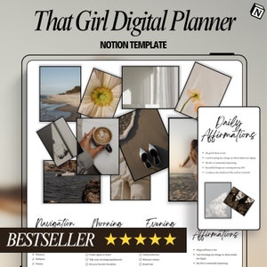 Könnte beinhalten: Eine digitale Planer-Vorlage für Notion, die eine Collage aus Bildern mit Strand, Blumen, Kaffee und Schuhen zeigt. Der Text "That Girl Digital Planner" und "Notion Template" befindet sich oben im Bild. Der Text "Daily Affirmations" befindet sich in einem weißen Kasten mit grauem Hintergrund. Der Text "Navigation", "Morning" und "Evening" befindet sich unten im Bild. Der Text "BESTSELLER" befindet sich in einem schwarzen Kasten mit fünf goldenen Sternen.