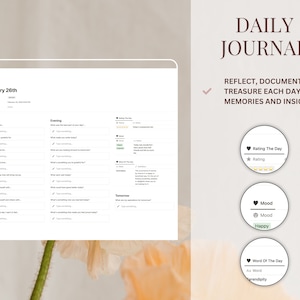 May include: A digital daily journal template with a pink heart icon and the text "January 26th". The template includes sections for "Morning", "Evening", and "Tomorrow" with prompts for reflection and gratitude. There are also sections for rating the day, mood, and word of the day.