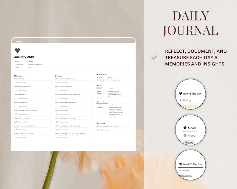 May include: A digital daily journal template with a pink heart icon and the text "January 26th". The template includes sections for "Morning", "Evening", and "Tomorrow" with prompts for reflection and gratitude. There are also sections for rating the day, mood, and word of the day.