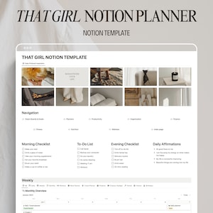 May include: A screenshot of a Notion template for a daily planner. The template includes sections for vision boards, goals, fitness, nutrition, productivity, wellness, organization, finance, morning checklist, to-do list, evening checklist, daily affirmations, weekly overview, and a monthly calendar.