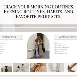 May include: A website screenshot showing a checklist for morning and night routines. The checklist includes items like "Make your bed", "Drink a glass of water", "Skincare routine", and "Brush hair". The website also features images of a woman in a brown coat, a glass of water, and a person brushing their hair.