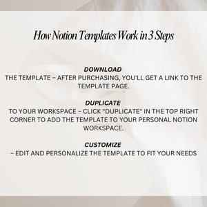 May include: A white graphic with black text explaining how to use Notion templates in three steps: download, duplicate, and customize.