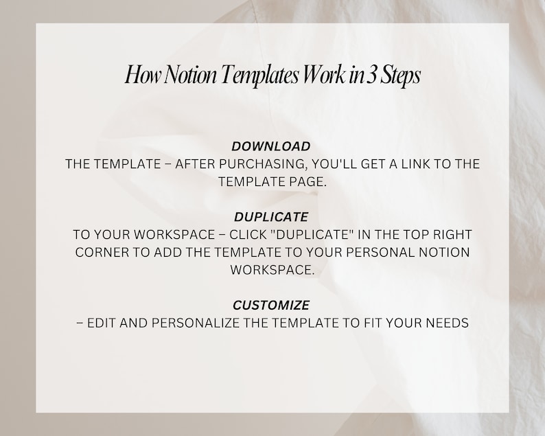 May include: A white graphic with black text explaining how to use Notion templates in three steps: download, duplicate, and customize.