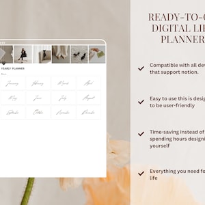 May include: A digital yearly planner template with a white background and a grid of 12 boxes, each labeled with a month of the year. The template is designed for use with the Notion app. The text "READY-TO-GO DIGITAL LIFE PLANNER" is displayed in brown text at the top of the image. The text "Compatible with all devices that support notion." is displayed in brown text below the planner template. The text "Easy to use this is designed to be user-friendly" is displayed in brown text below the first text. The text "Time-saving instead of spending hours designing it yourself" is displayed in brown text below the second text. The text "Everything you need for daily life" is displayed in brown text below the third text.