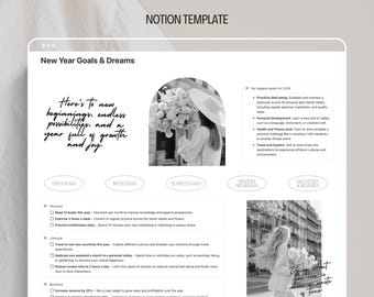New year resolution planner Notion template goals planner monthly quarterly yearly goals new year resolution reflections vision board Notion
