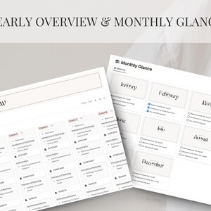 May include: A yearly overview and monthly glance planner with a white background and black text. The planner includes sections for each month of the year, with checkboxes for tracking goals and tasks. The planner also includes a section for a yearly overview, with space for listing courses and topics.