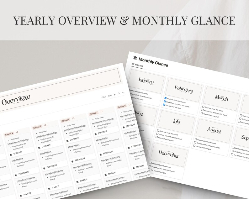 May include: A yearly overview and monthly glance planner with a white background and black text. The planner includes sections for each month of the year, with checkboxes for tracking goals and tasks. The planner also includes a section for a yearly overview, with space for listing courses and topics.