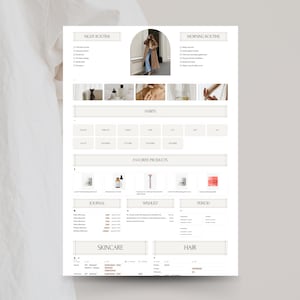 May include: A printable digital planner template with sections for morning and night routines, habits, favorite products, a journal, a wishlist, a period tracker, skincare, and hair. The template is designed in a minimalist style with a white background and black text.