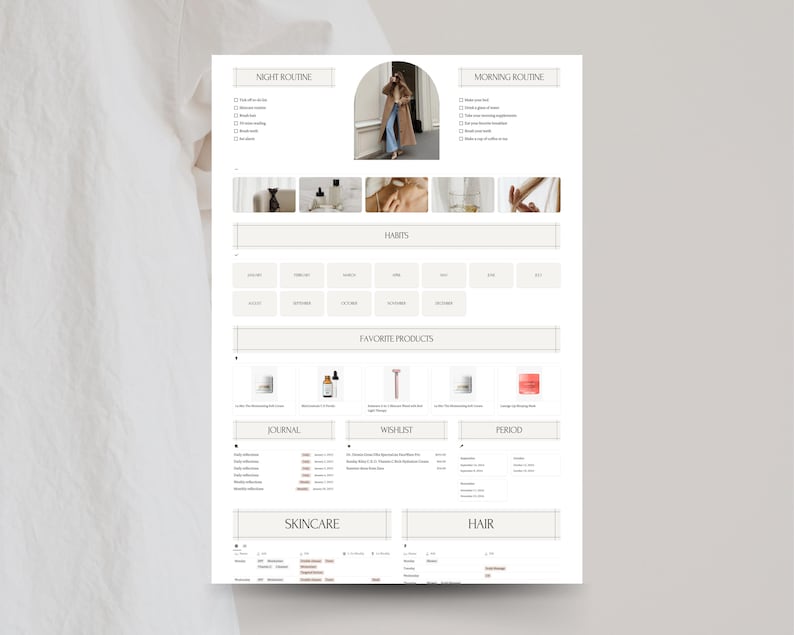 May include: A printable digital planner template with sections for morning and night routines, habits, favorite products, a journal, a wishlist, a period tracker, skincare, and hair. The template is designed in a minimalist style with a white background and black text.