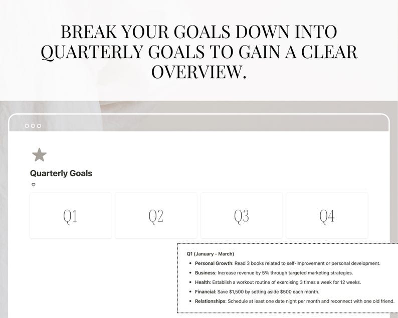 Puede incluir: Una pantalla blanca con el texto "Break your goals down into quarterly goals to gain a clear overview." La pantalla est&aacute; dividida en cuatro secciones etiquetadas como Q1, Q2, Q3 y Q4. La secci&oacute;n etiquetada como Q1 tiene una lista de objetivos para el primer trimestre del a&ntilde;o, que incluyen crecimiento personal, negocios, salud, finanzas y relaciones.