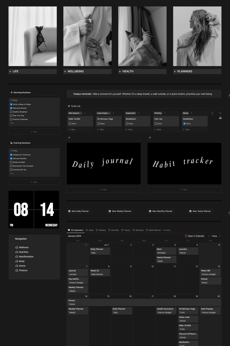 black planner dark mode ultimate life dashboard digital download