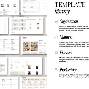 May include: A digital template library with categories for organization, nutrition, planners, and productivity. The image shows a variety of templates, including calendars, checklists, and trackers.