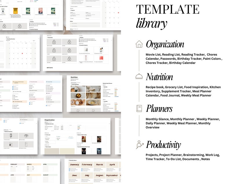 May include: A digital template library with categories for organization, nutrition, planners, and productivity. The image shows a variety of templates, including calendars, checklists, and trackers.