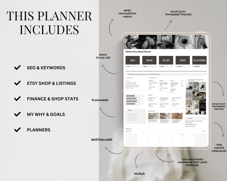 Puede incluir: Una captura de pantalla de una plantilla de Notion Etsy Shop Planner. La plantilla incluye secciones para SEO, tienda, estad&iacute;sticas, "Mi por qu&eacute;", planificadores y una lista de tareas diarias. La plantilla tambi&eacute;n incluye un calendario sincronizado que dura para siempre y una secci&oacute;n para los m&aacute;s vendidos. La plantilla est&aacute; dise&ntilde;ada para ayudar a los vendedores de Etsy a administrar su negocio.