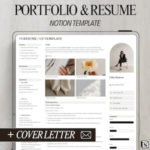 Plantilla de currículum de portafolio con carta de presentación, plantilla de noción para CV de trabajo y negocios, panel de control minimalista, noción de CV digital personalizable