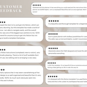 May include: Customer feedback for a Notion planner template. Reviews highlight the template's ease of use, customization options, and aesthetic appeal.  The seller is praised for their helpfulness and kindness.