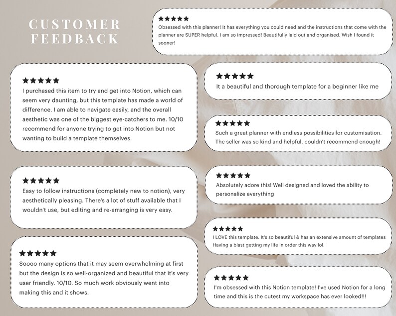 May include: Customer feedback for a Notion planner template. Reviews highlight the template's ease of use, customization options, and aesthetic appeal.  The seller is praised for their helpfulness and kindness.