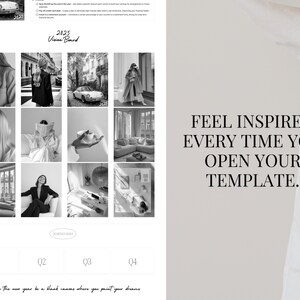 Puede incluir: Una plantilla de tablero de visi&oacute;n en blanco y negro con el texto "2025 Vision Board" y "Feel Inspired Every Time You Open Your Template." La plantilla est&aacute; dividida en cuatro secciones, cada una con una imagen diferente. Las im&aacute;genes incluyen una mujer con abrigo, una mujer leyendo un libro, una mujer sosteniendo una taza de caf&eacute; y una sala de estar.