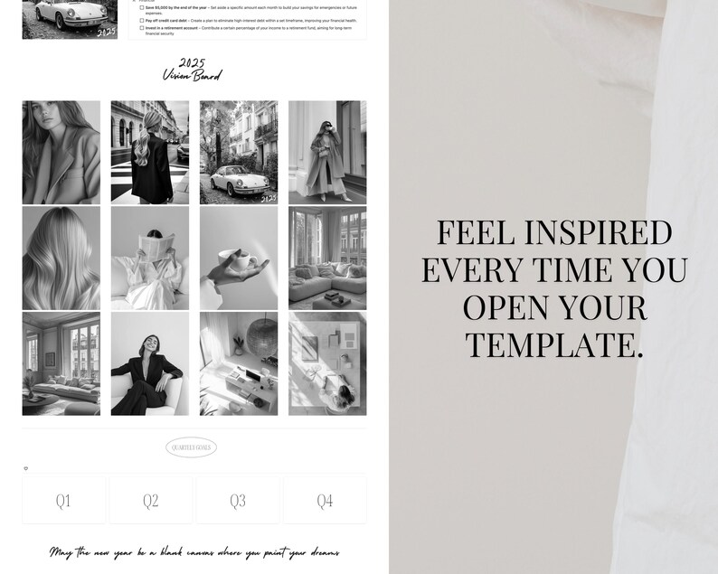 Puede incluir: Una plantilla de tablero de visi&oacute;n en blanco y negro con el texto "2025 Vision Board" y "Feel Inspired Every Time You Open Your Template." La plantilla est&aacute; dividida en cuatro secciones, cada una con una imagen diferente. Las im&aacute;genes incluyen una mujer con abrigo, una mujer leyendo un libro, una mujer sosteniendo una taza de caf&eacute; y una sala de estar.
