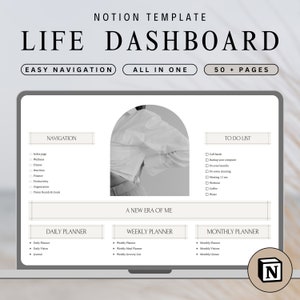 May include: A computer screen displaying a Notion template for a life dashboard. The template includes sections for navigation, daily, weekly, and monthly planning, as well as a to-do list. The template is designed to help users organize their lives and achieve their goals.