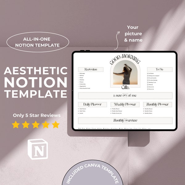 Aesthetic notion template life planner, minimalist dashboard, digital planner for notion, easy-to-use daily, weekly, monthly calendar