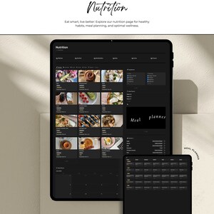 May include: A dark-themed app interface on a tablet screen, showing a nutrition and meal planner. The app features a calendar, a list of meals, and a section for tracking progress. The text "Nutrition" and "Meal Planner" is displayed on the screen.