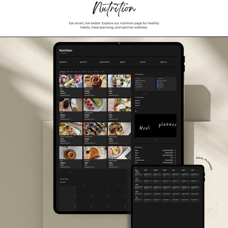 May include: A dark-themed app interface on a tablet screen, showing a nutrition and meal planner. The app features a calendar, a list of meals, and a section for tracking progress. The text "Nutrition" and "Meal Planner" is displayed on the screen.