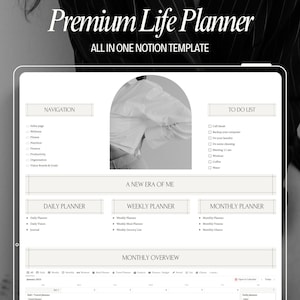 May include: A digital screen displaying a Notion template for a life planner. The template includes sections for daily, weekly, and monthly planning, as well as a to-do list and a monthly overview. The template is designed to help users organize their time and achieve their goals.