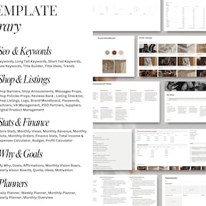 Puede incluir: Una biblioteca de plantillas de dise&ntilde;o gr&aacute;fico para vendedores de Etsy. La biblioteca de plantillas incluye secciones para SEO y palabras clave, tienda y listados, estad&iacute;sticas y finanzas, por qu&eacute; y objetivos, y planificadores. La biblioteca de plantillas est&aacute; dise&ntilde;ada para ayudar a los vendedores de Etsy a crear listados exitosos y hacer crecer sus negocios.