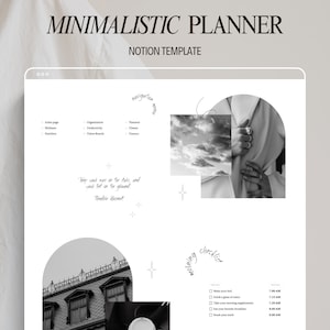 May include: A black and white image of a computer screen showing a minimalist planner template. The template includes a navigation menu with categories like "Index Page", "Wellness", "Nutrition", "Organization", "Productivity", "Vision Boards", "Planners", "Fitness", and "Finance". The template also includes a checklist for a morning routine with tasks like "Make your bed", "Drink a glass of water", "Take your morning supplements", "Eat your favorite breakfast", and "Brush your teeth".