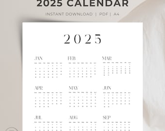 A4 2025 calendar printable with year overview and Sunday start Instant download 2025 yearly calendar with A4 size 2025 Annual Calendar