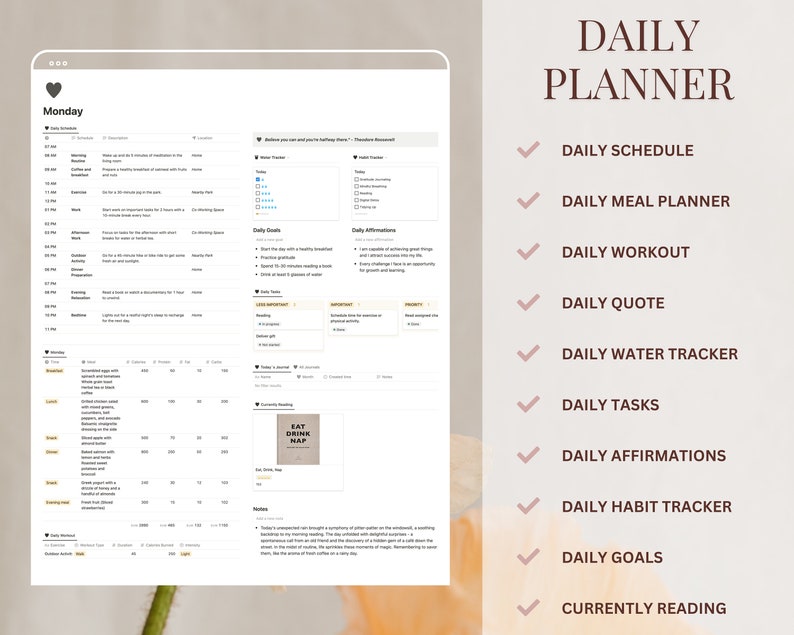 May include: A daily planner with a pink and white color scheme. The planner includes sections for daily schedule, meal planner, workout, quote, water tracker, tasks, affirmations, habit tracker, goals, and currently reading. The planner has a minimalist design with a heart icon and the word "Monday" at the top.