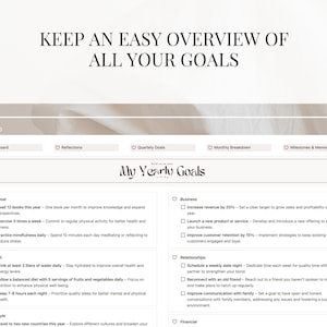 May include: A digital planner with a light brown background and a white frame. The planner is titled "My Yearly Goals" and includes sections for personal, health, lifestyle, business, relationships, and financial goals. Each section has a checkbox next to each goal.