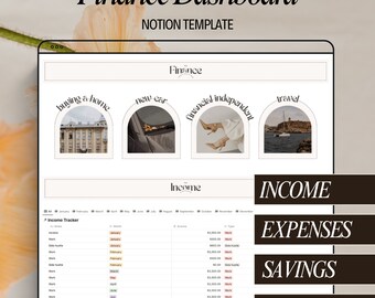 May include: A screenshot of a Notion template for a finance dashboard. The template includes sections for income, expenses, savings, and debt. The template also includes a section for tracking income and expenses by month. The template is designed to help users track their finances and achieve their financial goals.