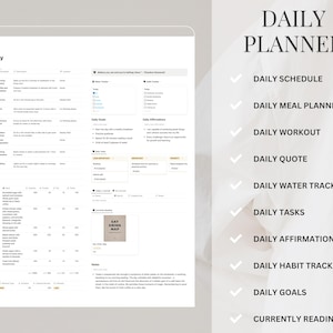 Puede incluir: Un planificador diario digital que se muestra en una tableta. El planificador incluye secciones para un horario diario, planificaci&oacute;n de comidas, entrenamientos, citas, seguimiento del agua, tareas, afirmaciones, seguimiento de h&aacute;bitos y objetivos. El texto "DAILY PLANNER" est&aacute; en la parte superior.