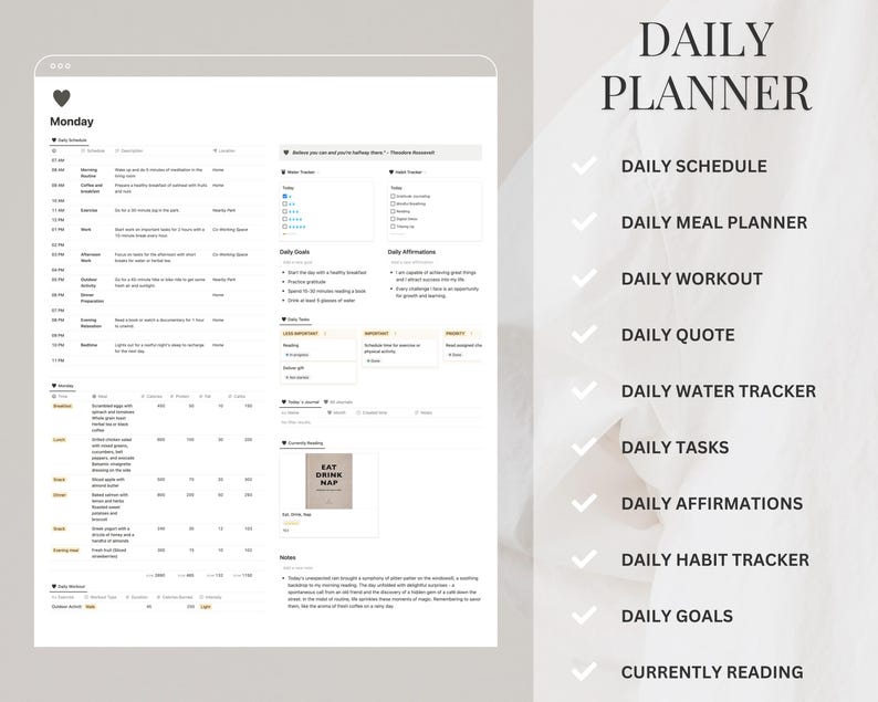 Puede incluir: Un planificador diario digital que se muestra en una tableta. El planificador incluye secciones para un horario diario, planificaci&oacute;n de comidas, entrenamientos, citas, seguimiento del agua, tareas, afirmaciones, seguimiento de h&aacute;bitos y objetivos. El texto "DAILY PLANNER" est&aacute; en la parte superior.