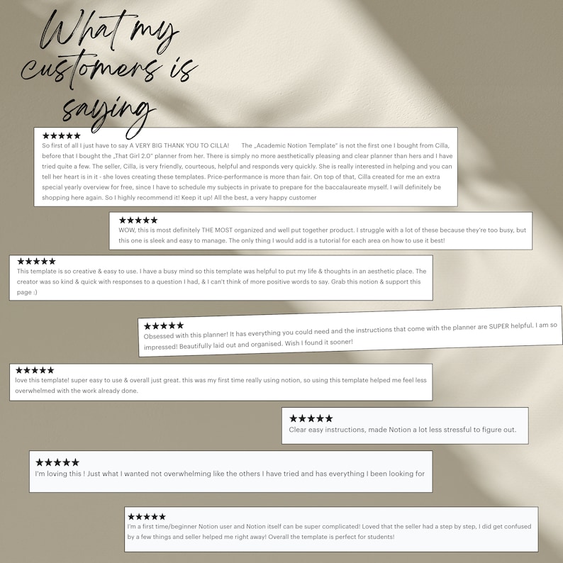 May include: A collection of customer reviews for a digital planner template. The reviews highlight the ease of use, organization, and helpfulness of the template. The reviews also mention the seller's responsiveness and helpfulness.