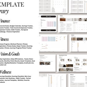 May include: A collage of printable templates for personal organization and goal setting. The categories include Finance, Fitness, Vision & Goals, and Wellness. Each category has a list of printable templates, such as budget calendar, workout planner, vision boards, and habit tracker.