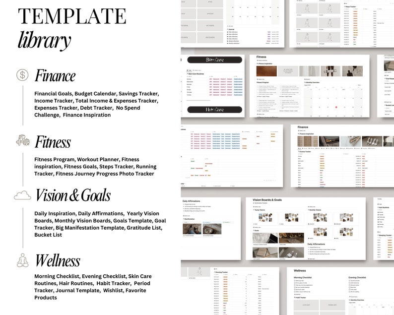 May include: A collage of printable templates for personal organization and goal setting. The categories include Finance, Fitness, Vision & Goals, and Wellness. Each category has a list of printable templates, such as budget calendar, workout planner, vision boards, and habit tracker.